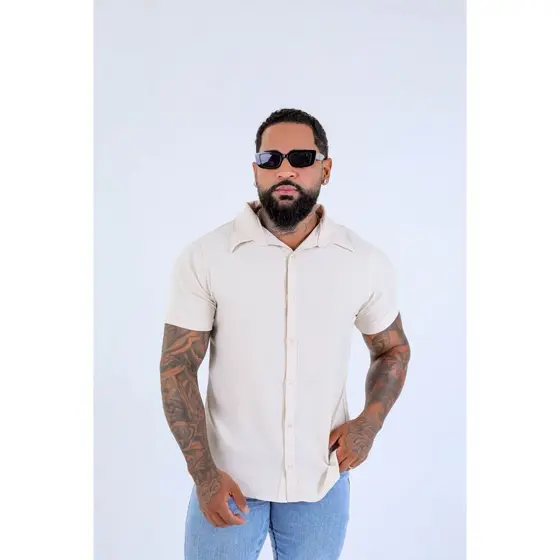 Camisa Slim Masculina Malha Crep Premium. Social