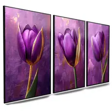 Quadro decorativo Tulipas roxa fundo roxo 3 peças para sala,varanda,quarto,cozinha