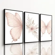 Kit 3 Quadros Borboleta e Flores Nude Minimalista Delicado