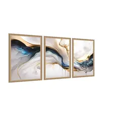 Conjunto com 3 quadros decorativos Abstrato Aquarela Azul