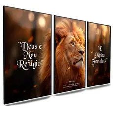 Quadro decorativo religioso Deus é meu refugio e minha fé e leão de judá 3 peças