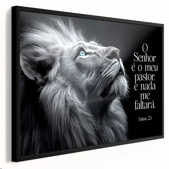 Quadro decorativo "O senhor é meu pastor, e nada me faltará." Leão preto e branco olhando pra cima 1 peça