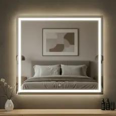 Espelho Quadrado 60x60cm com LED 3 Cores, Jateado Lapidado, Touch para Banheiro Maquiagem Salão de Beleza
