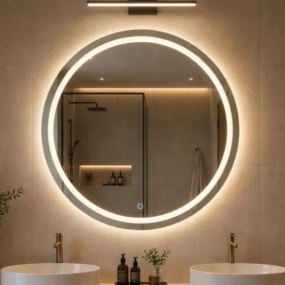 Espelho Redondo 50cm a 60cm Com LED 3 Cores Jateado Lapidado Banheiro Maquiagem Salão de Beleza