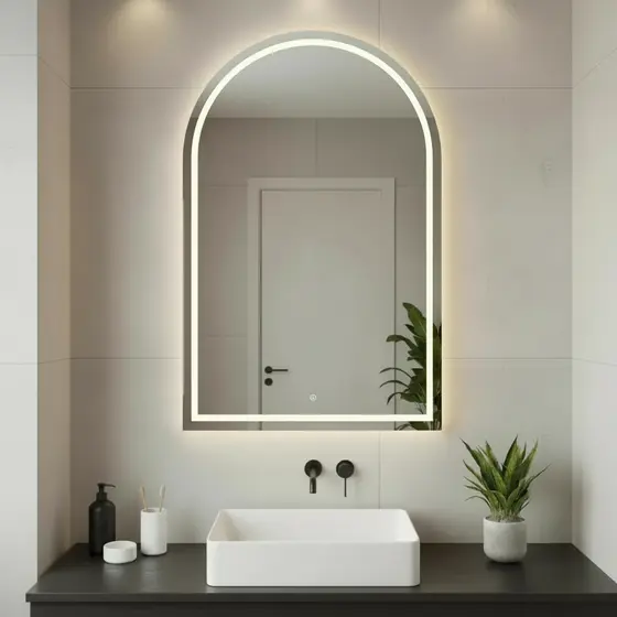 Espelho Oval 100x80cm Base Reta Arco Jateado LED 3 Cores Touch para Maquiagem Banheiro Salão