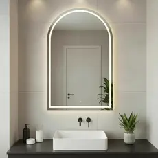 Espelho Oval 100x80cm Base Reta Arco Jateado LED 3 Cores Touch para Maquiagem Banheiro Salão