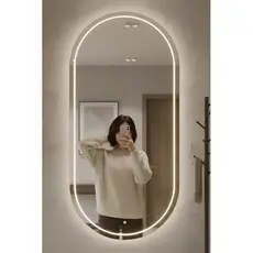 Espelho Oval Grande 40x80cm com LED Mais Forte 3 Cores, Botão Touch, Jateado Premium para Banheiro Luxo