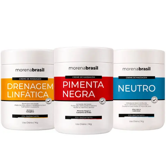 Kit 3x Creme de Massagem Profissional - Drenagem Linfática + Neutro + Pimenta Negra