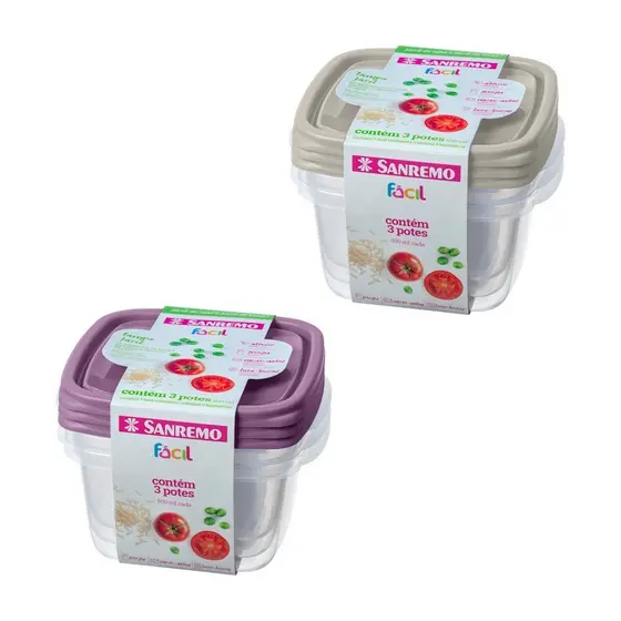 Kit 3 Potes Sanremo 800ml Plástico com Tampa para Alimentos BPA Free