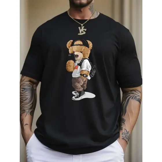 Camiseta de gola redonda com design gráfico de cartoon para homem, camiseta casual confortável para o verão