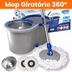 Mop Rodo Giratório 360° Balde Cesto Inox 8L 140cm Com Alça Lava Seca Limpeza Centrifuga Microfibra