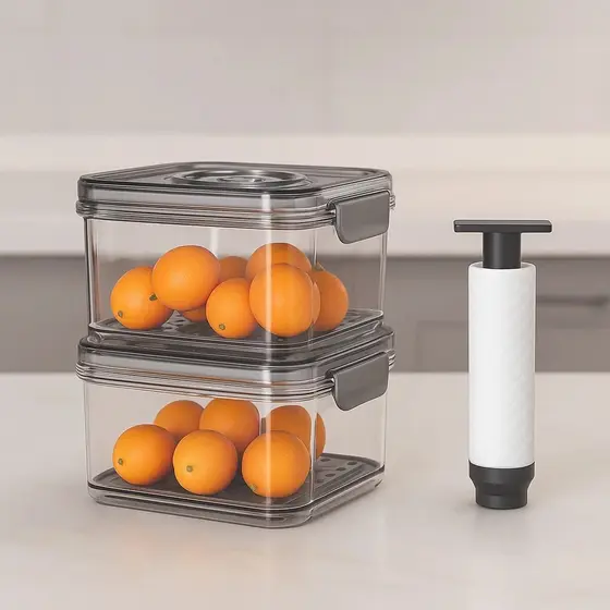 Pote Kit Hermético com Bomba a Vácuo Sucção Manual 1,5L e 2L Livre de BPA Vedação Segura Cinza