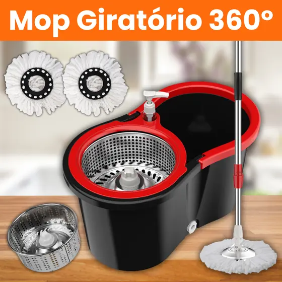 Mop Rodo Giratório 360° Balde Cesto Inox 13L 140cm Com Alça Lava Seca Limpeza Centrifuga Microfibra