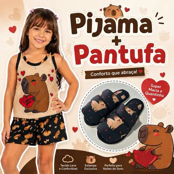 kit pijama regata +pantufa short doll infantil juvenil de capivara bege feminino