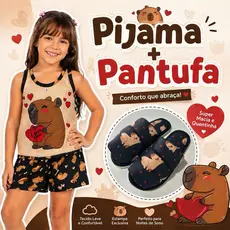 kit pijama regata +pantufa short doll infantil juvenil de capivara bege feminino