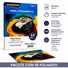 Papel Fotográfico A4 Glossy Brilhante Masterprint 180g 50 Folhas para Impressora Jato de Tinta