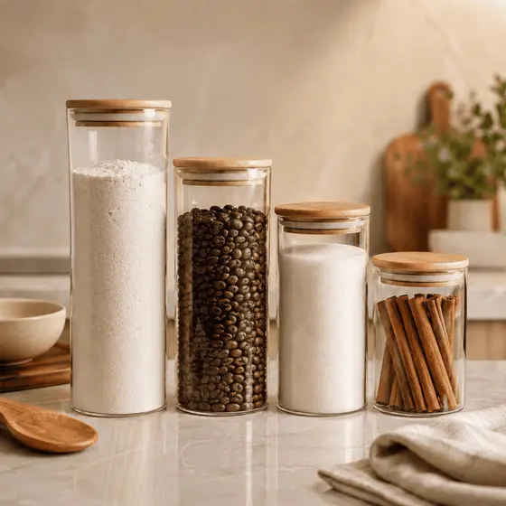 Potes Vidro Herméticos Tampa Bambu Kit 4 Peças Mantimentos Temperos Cozinha Organizador CHEF D