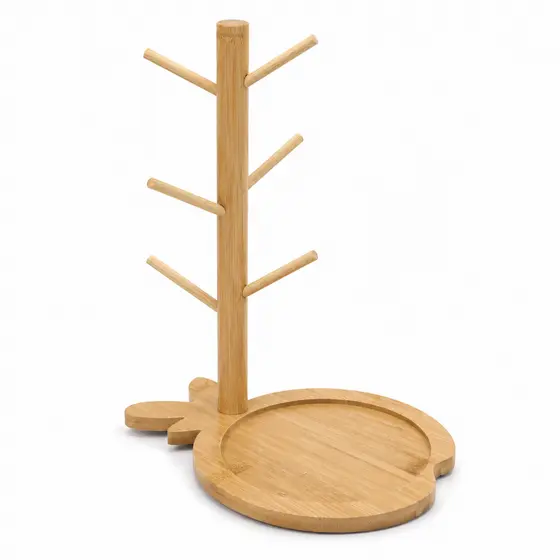 Suporte Xícaras Canecas Bambu Organizador Cantinho do Café Porta Caneca Bancada Cozinha 6 Ganchos