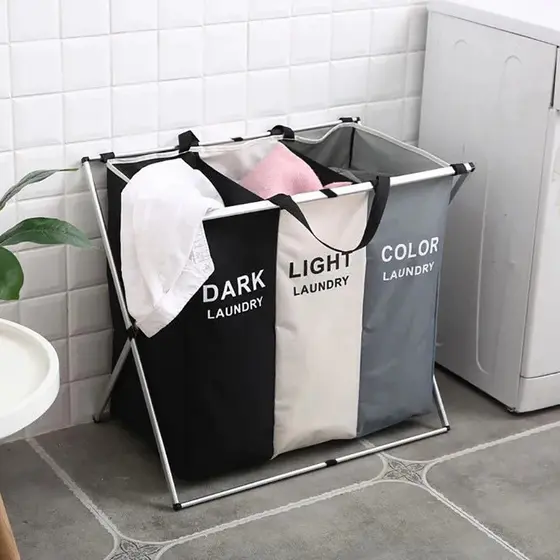 Cesto Roupas 3 Compartimentos Lavanderia Saco Armazenar Organização Roupa Suja