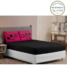 Jogo de lençol king/ Queen 3 peças c/elástico estampado mickey minnie Eu te amo