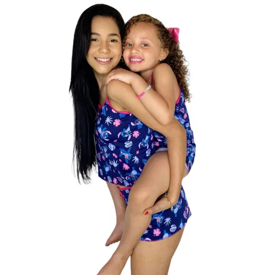 Conjunto Pijama Mãe e Filha Feminino Estampado Stich Personagens Confortável Para Dormir