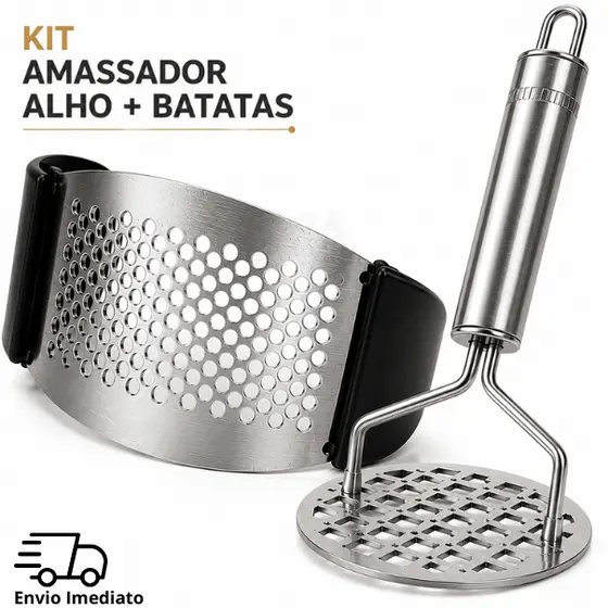 Conjunto De Inox Amassador De Batata E Espremedor de Alho para Cozinha