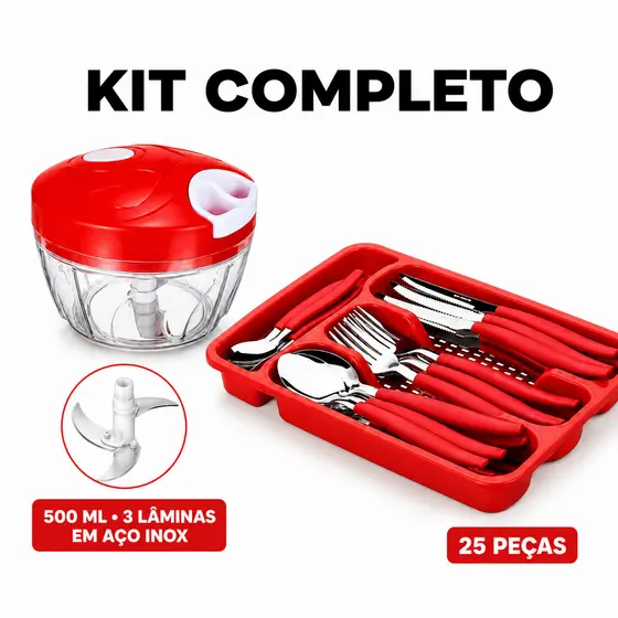 Kit Jogo de Talheres 25 Peças com Organizador e Processador Manual 500ml 3 Lâminas em Aço Inox