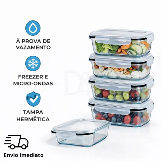 Kit Com Até  5 Potes De Vidro Hermético Com Tampa 4 Travas Kit Conjunto Marmita 350ml