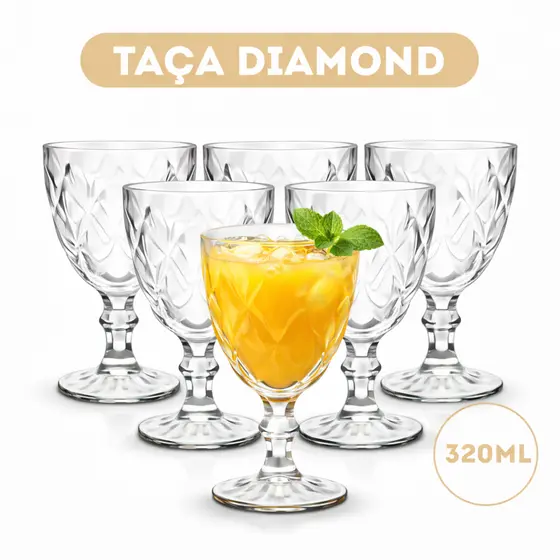 Kit 6 Taças Copo Diamond Vidro Transparente Para Bebidas 320ML Taça Para Agua Vinho Sucos Conjunto Premium Com 4 ou 6