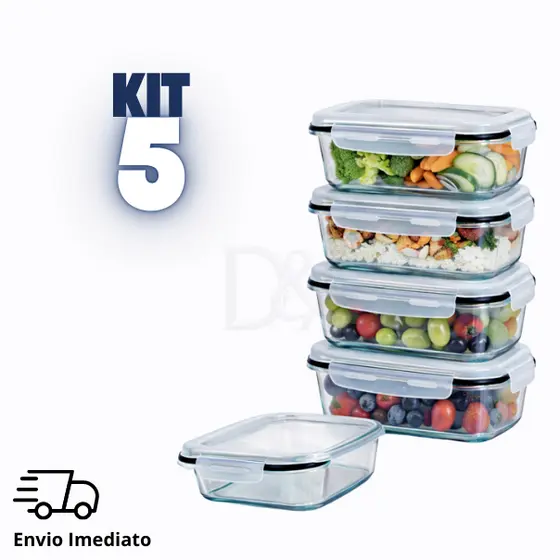 Kit 5 Potes Herméticos 350ml de Vidro com Tampa Marmita Freezer e Micro-ondas Mantimentos