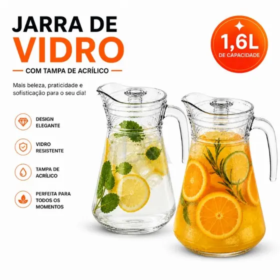 Jarra de Vidro 1,6L com Tampa Acrílica | Resistente Elegante Cozinha Suco Água