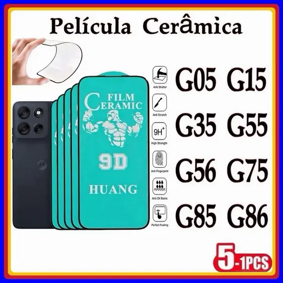 kit 5 PCS Película Cerâmica Motorola G05 G15 G35 G55 G56 G75 G85 G86