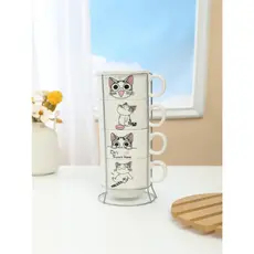 Kit 4 Xícaras Cerâmicas + 1 Suporte Torre de Metal 160ml - Pets/Gatinhos