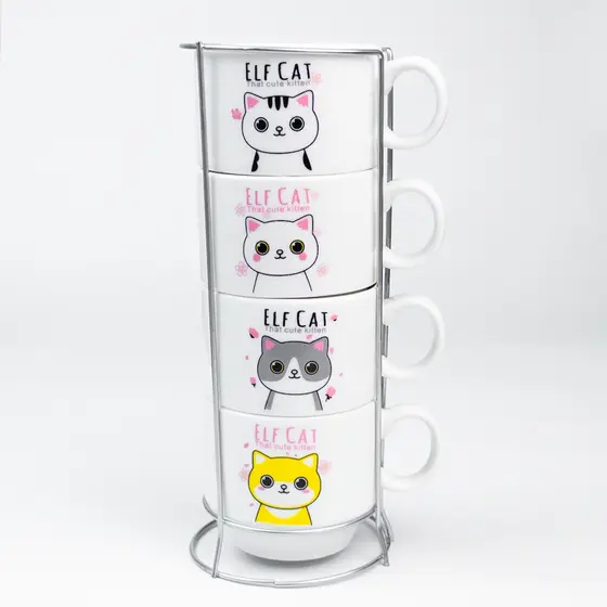Kit 4 Xícaras Cerâmicas + 1 Suporte Torre de Metal 150ml - Pets/Gatinhos