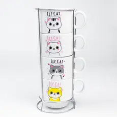Kit 4 Xícaras Cerâmicas + 1 Suporte Torre de Metal 150ml - Pets/Gatinhos