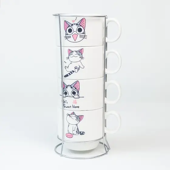 Jogo De Xícaras Café Chá Com Suporte Kit 4 Canecas 160ml