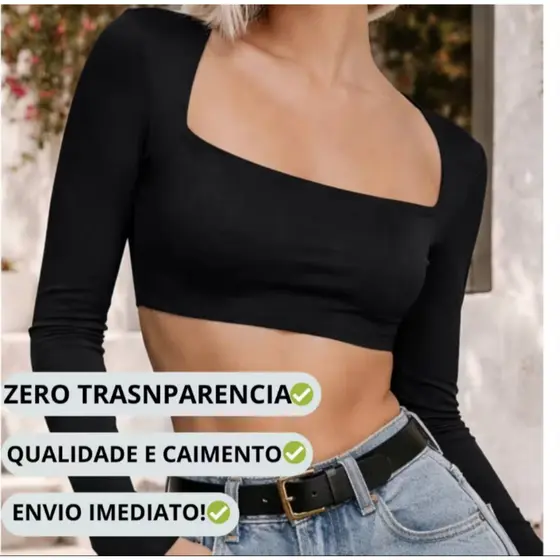 Cropped Feminino Manga Longa Decote Quadrado | Modela o Corpo Sem Bojo Confortável Dia a Dia e Noite