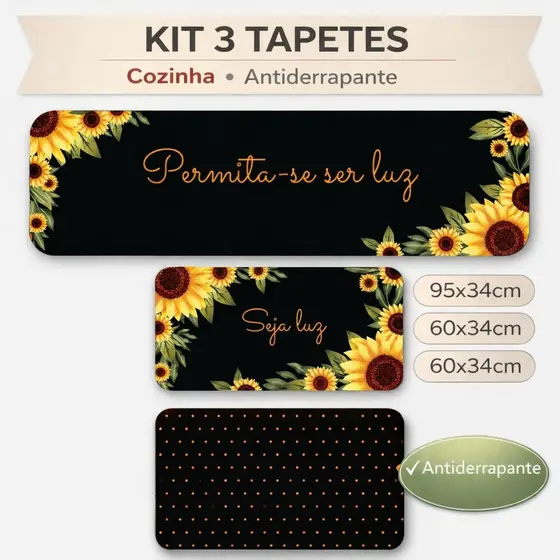 Kit 3 Tapetes de Cozinha Antiderrapantes Girassol - Antiderrapante