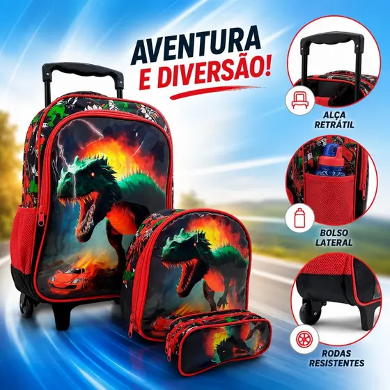 Kit Escolar Infantil com Mochila de Rodinhas + Lancheira + Estojo Completo