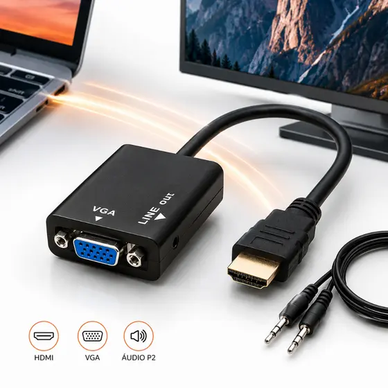 Adaptador HDMI VGA com Áudio P2 Conversor 1080P
