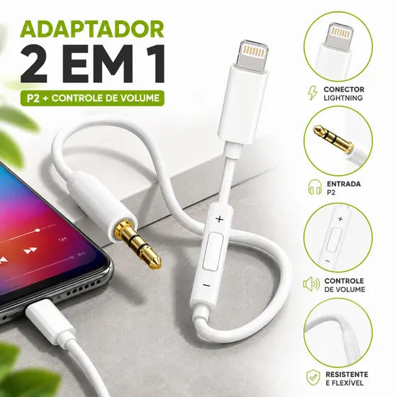Cabo Auxiliar Premium P2 3.5mm Lightning para iPhone 1m Com Controlador de Som 3.5mm Altomex