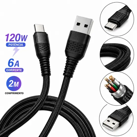 Cabo Turbo Premium Tipo C USB 2 Metros 120W 6A Revestido em Nylon X-cell