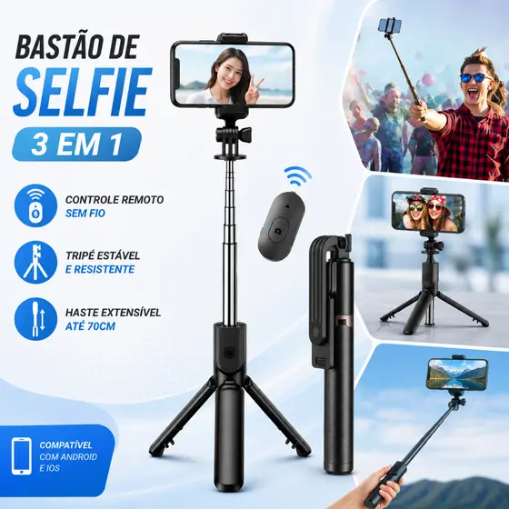 Tripé "Pau de Selfie" Bluetooth 3 em 1 com Luz LED Controle Remoto Universal