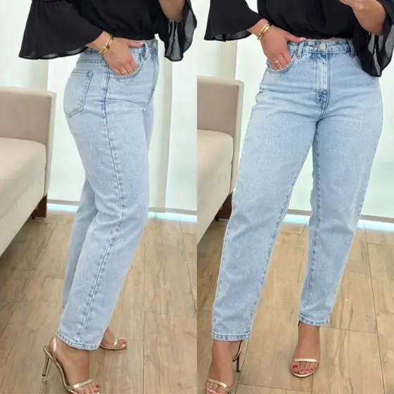 Calça MOM Jeans Feminina Marmorizada Cintura Alta