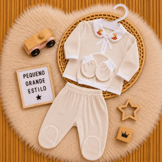 Kit Pagão Bebê Recém-Nascido 5 Peças – Enxoval RN (Blusa, Mijão, 2 Luva, Toca, Colete) – CM BABY