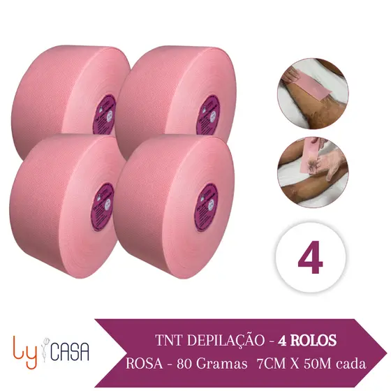 TNT para Depilação 80g Rosa 7cm Kit 4 Rolos 50m Papel Depilatório Perlon Profissional Lycasa