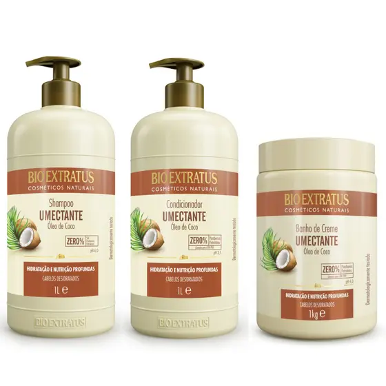 Kit Shampoo,Condicionador,Banho de Creme Umectante Coco-1L Bio Extratus Óleo de Coco/Nutrição Cabelos Secos,Desidatrados