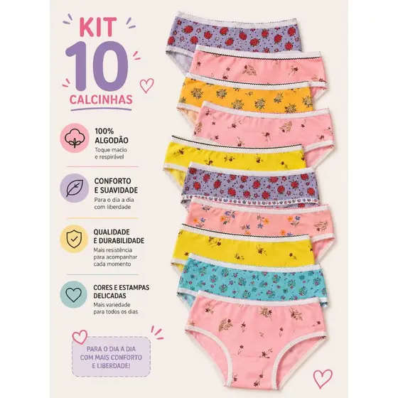 Kit 5 até 10 Calcinha Infantil com Forro algodão Estampada De 2 a 10 Anos Conforto meninas criança