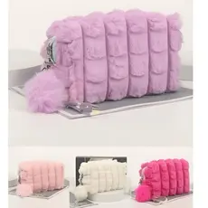 Necesser Pelucia Necessaire com Pompom e Alça Feminina Alto relevo Peluda Estojo de Bolsa luna_hyq