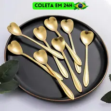 Kit Colher Coração Fofa para Cozinha Mesa Posta Douradas Café Sobremesa Chá Aço Inoxidável